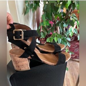 Elegant Black Strappy Heels with Cork Detail